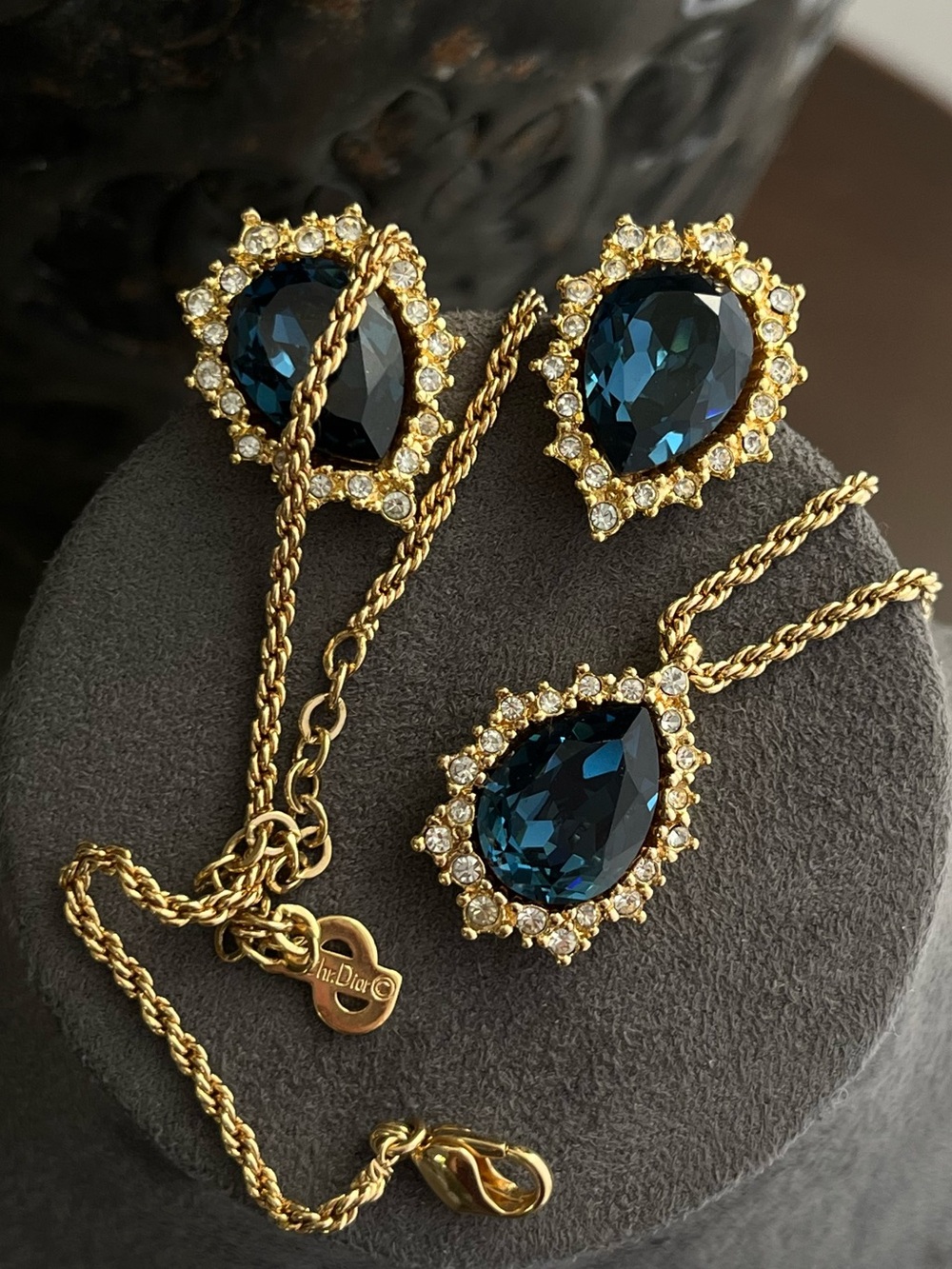 Authentic Vintage Dior Teardrop Blue Rhinestone Gold Clip Earrings Necklace Set